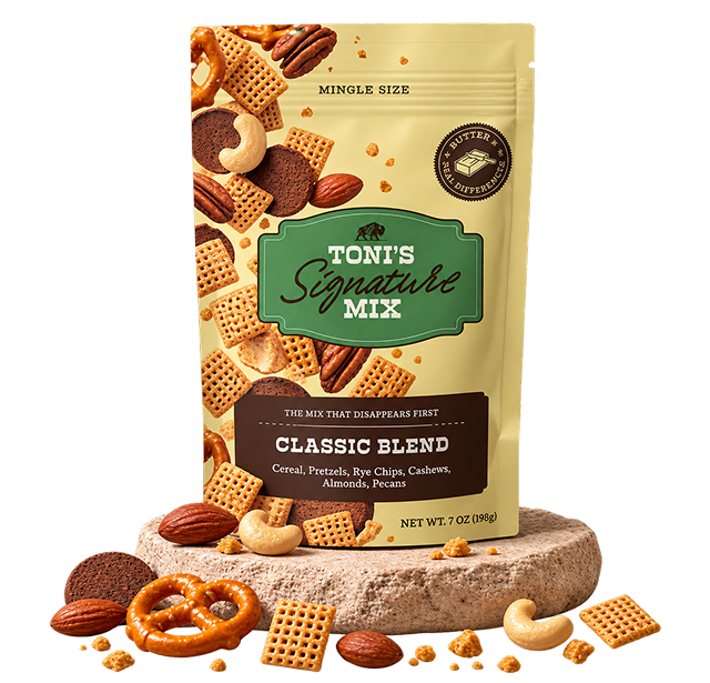 A bag of Toni's Signature Mix on a stone plinth, surrounded by pretzels, nuts and crackers.